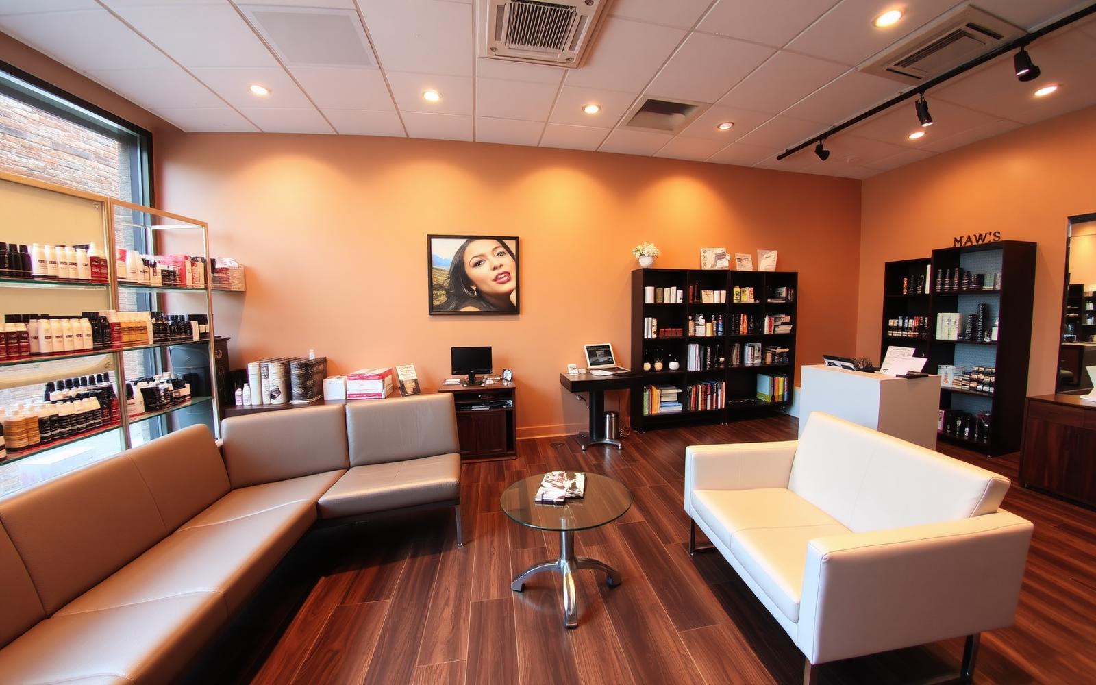Salon waiting lounge with product shelves