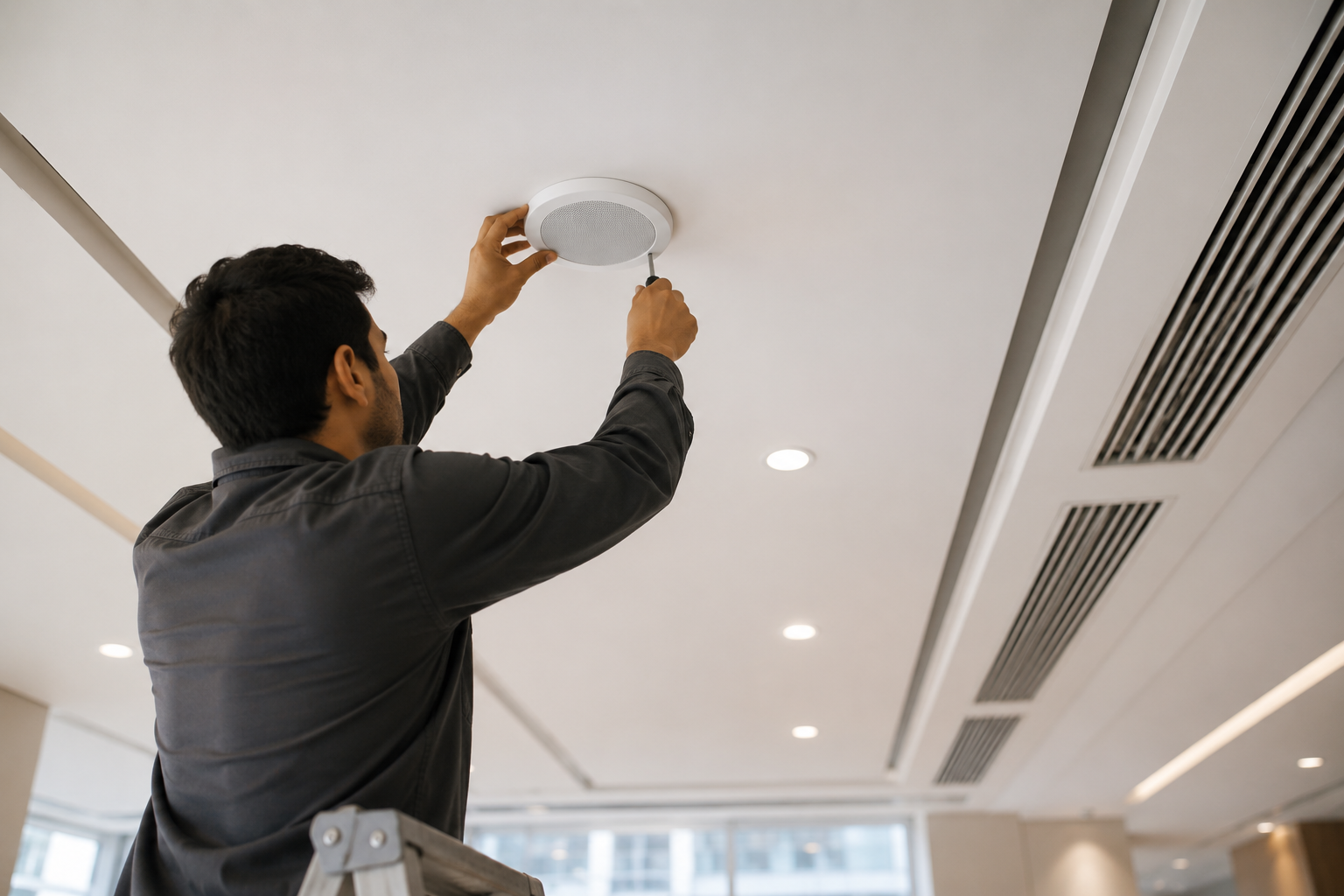 Technician installing a ceiling speaker in a Dubai business space