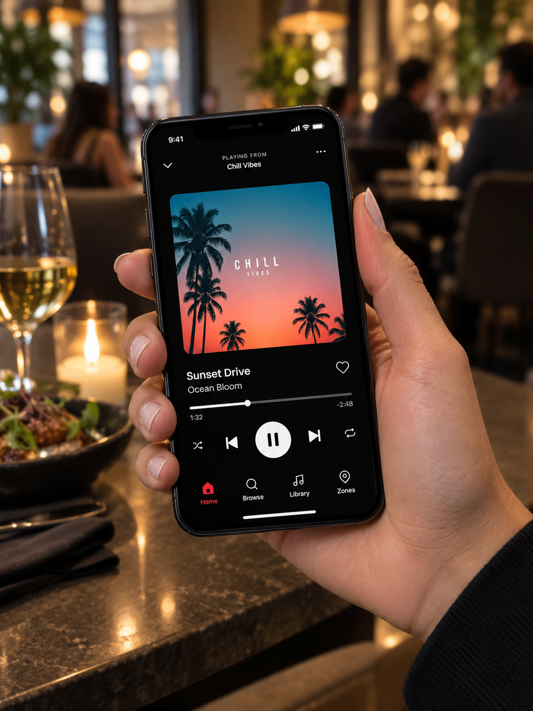 Araya Sound background music app playing on a phone in a restaurant