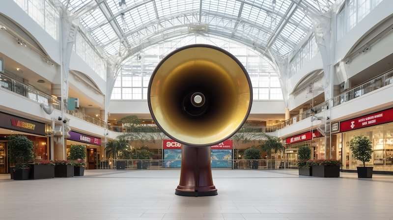 Shoppers in a busy mall atrium