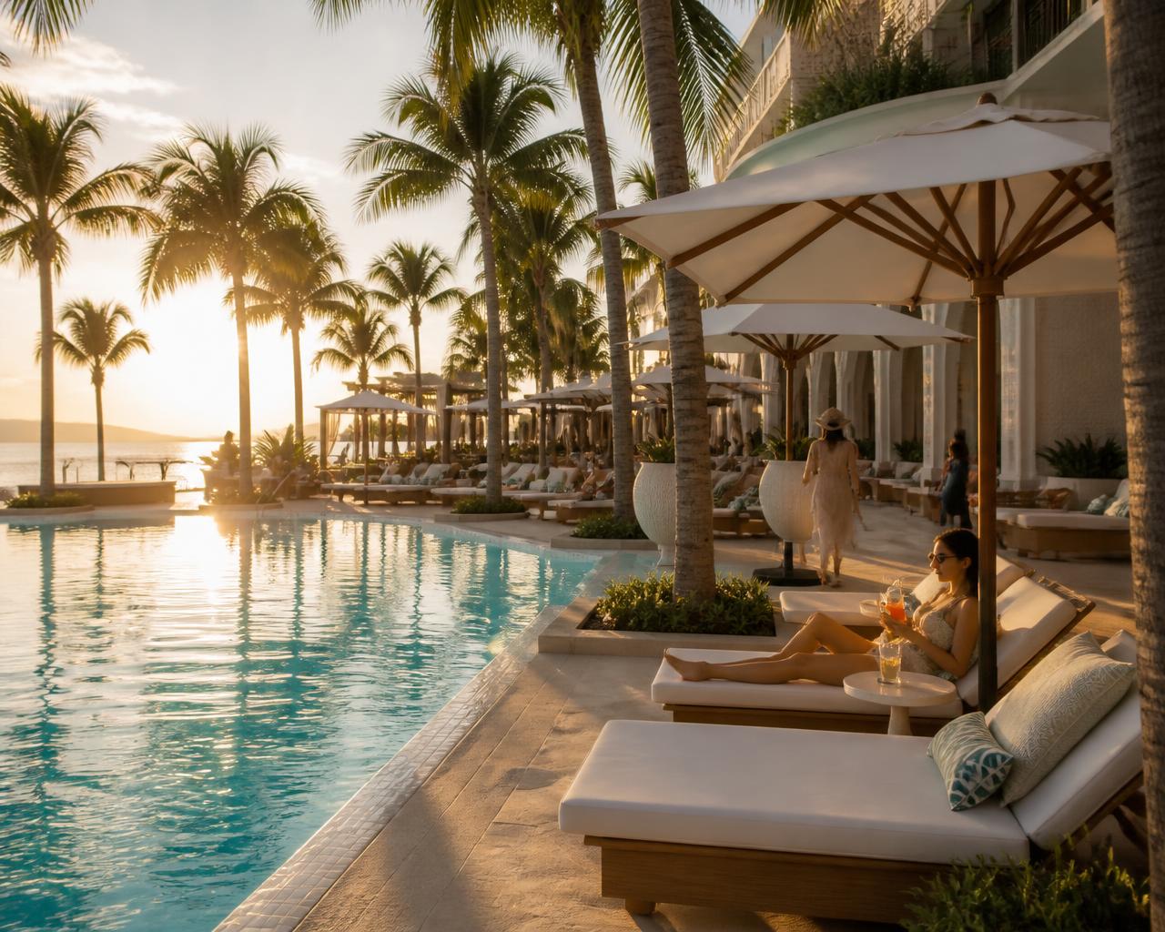 Resort pool deck with sun loungers at golden hour