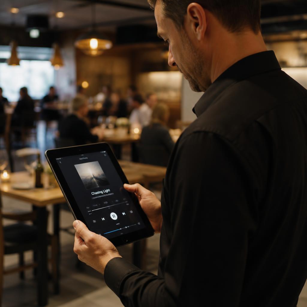 Staff member controlling venue music from a tablet