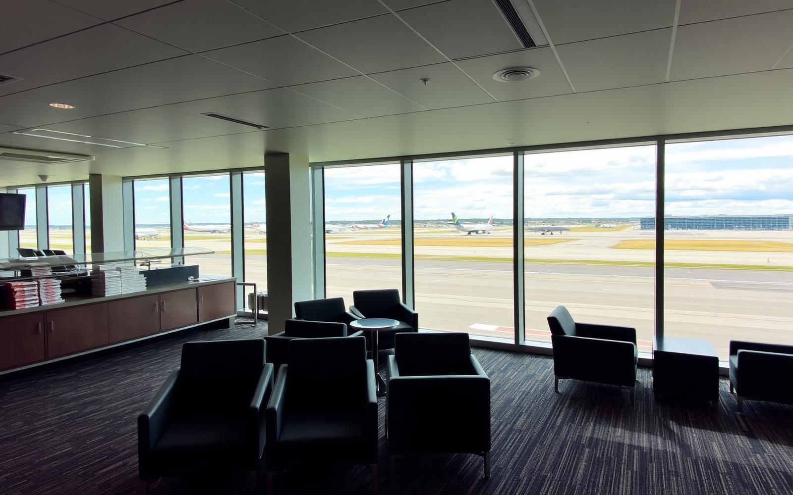 Airport business lounge with runway view