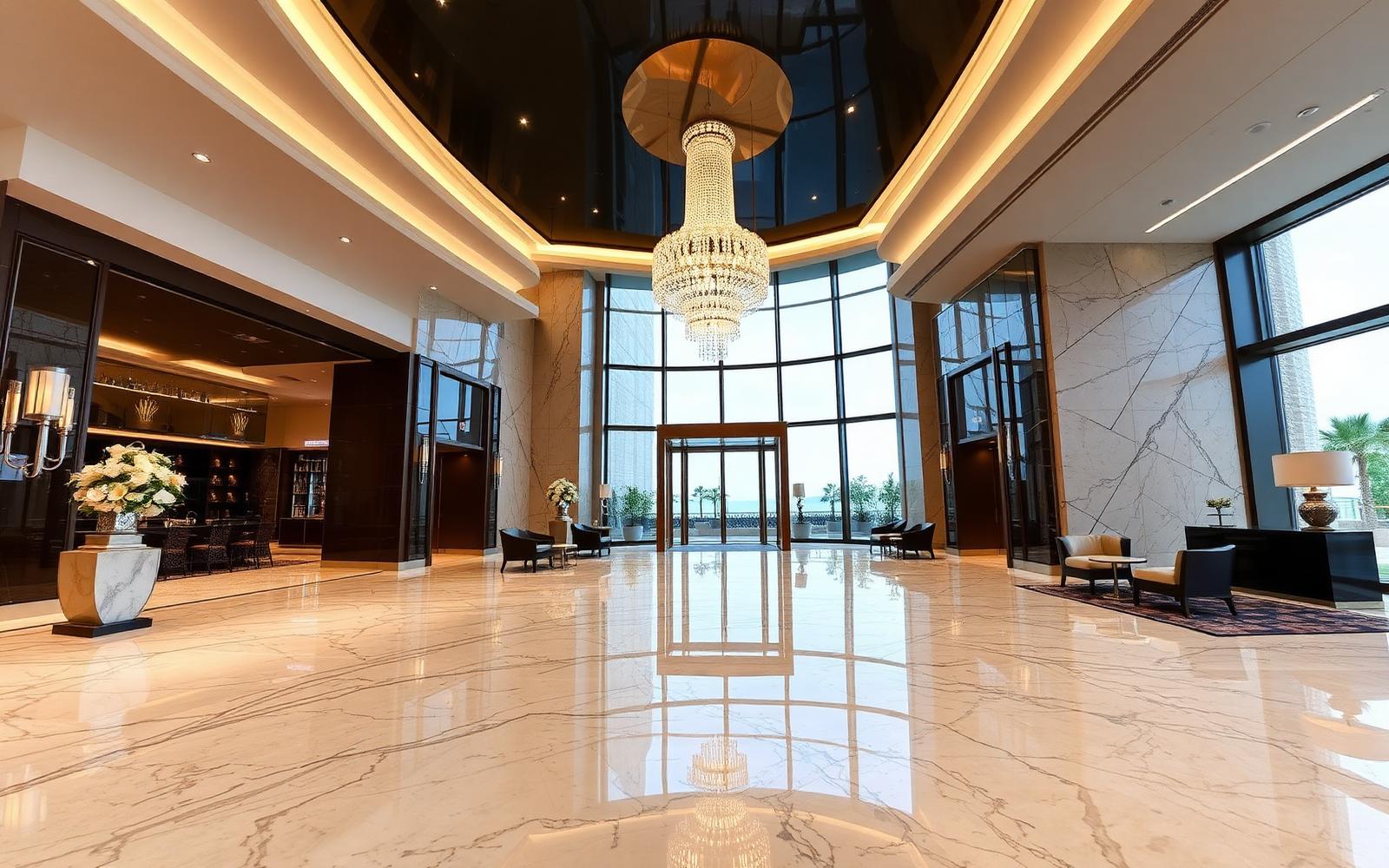 Grand residential lobby with ambient music