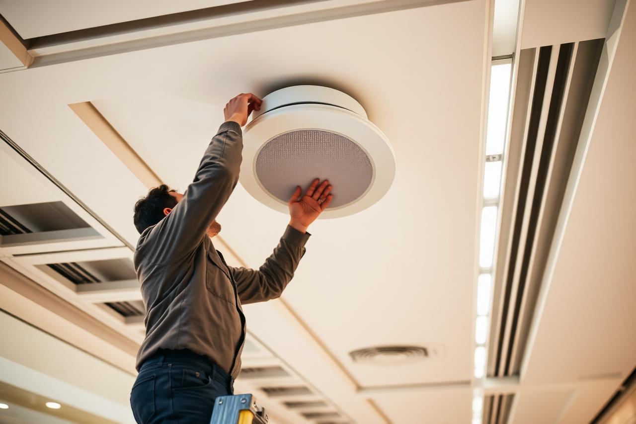 Ceiling speakers installed for even venue coverage