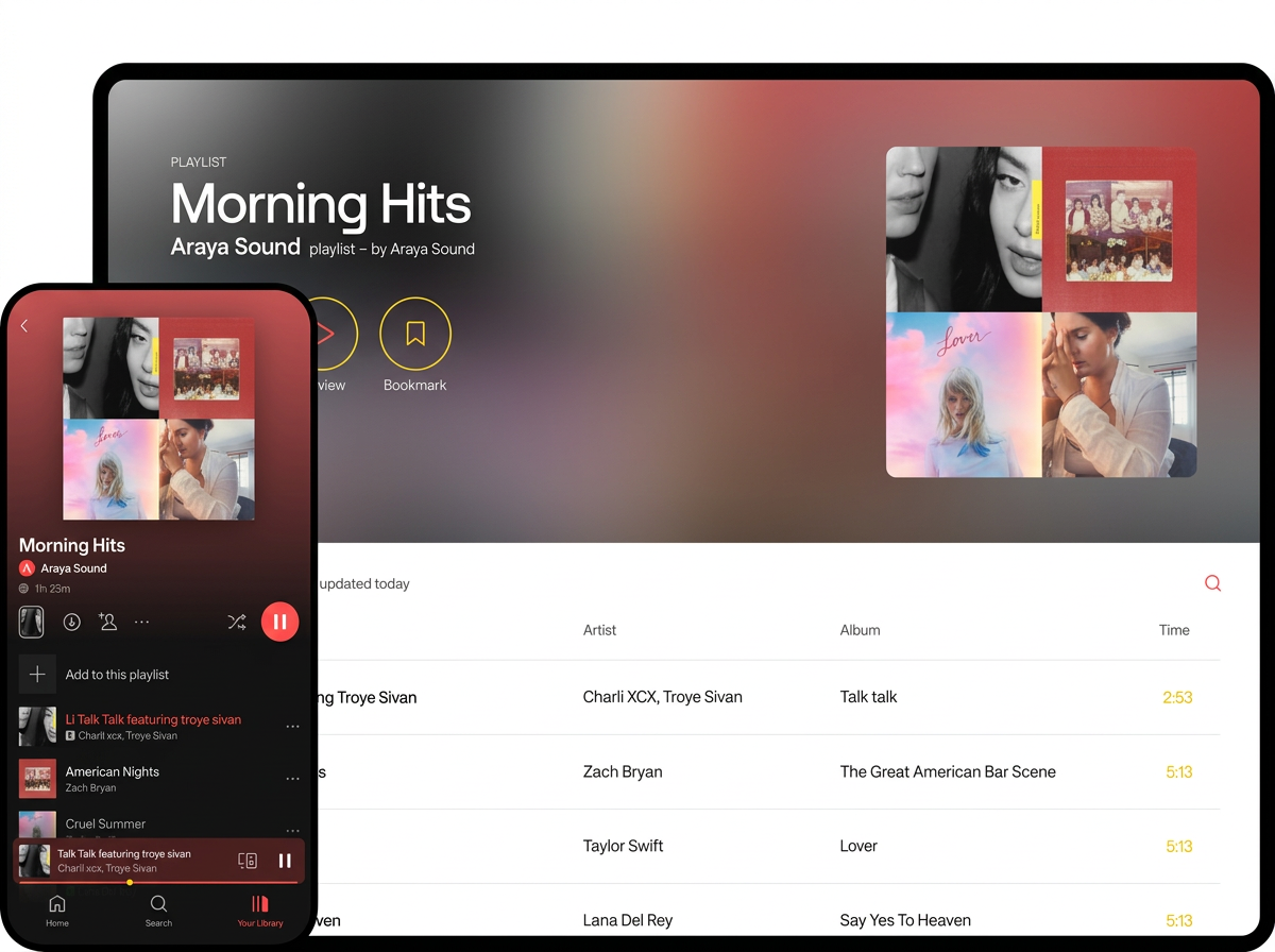 Araya Sound Morning Hits playlist shown on desktop and phone