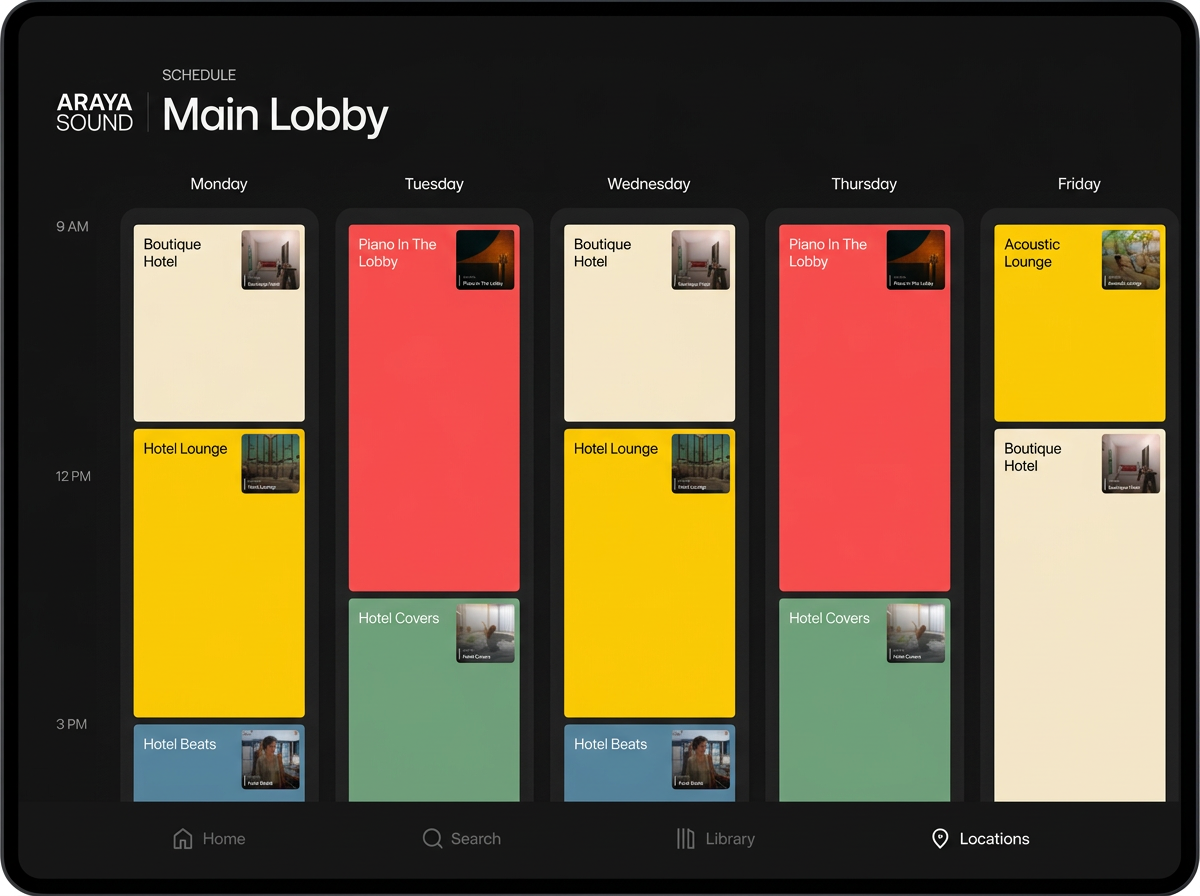 Araya Sound weekly music schedule for a hotel main lobby