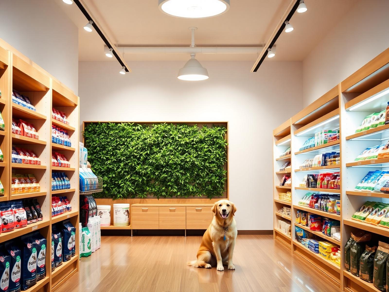 Inside a bright modern pet store with wooden aisles, a living green wall and a golden retriever